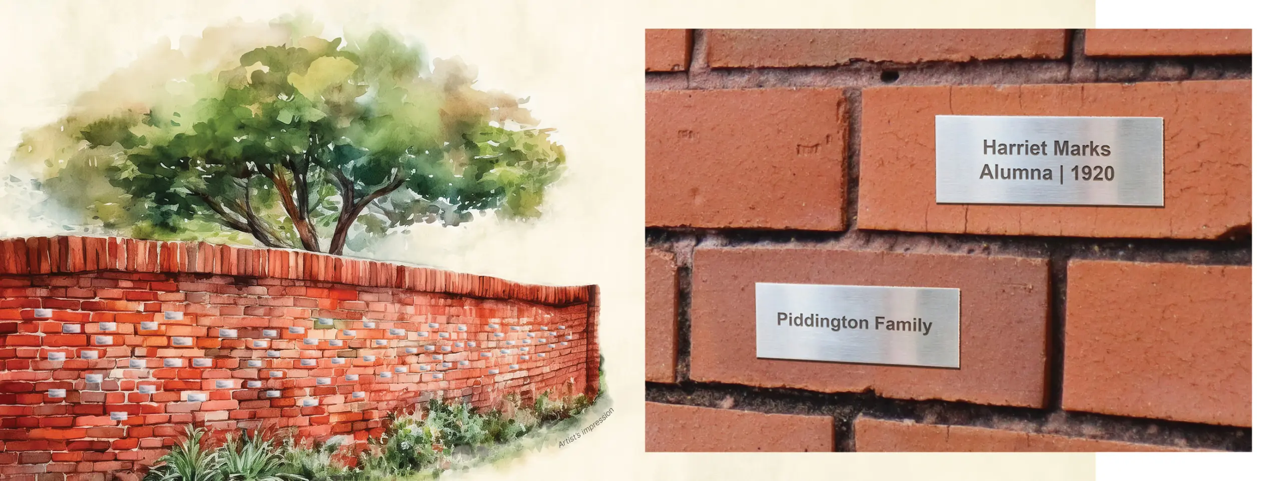 An artist's impression in a watercolour style of a feature brick wall with silver plaques on it next to a realistic mockup of rectangle silver plaques.